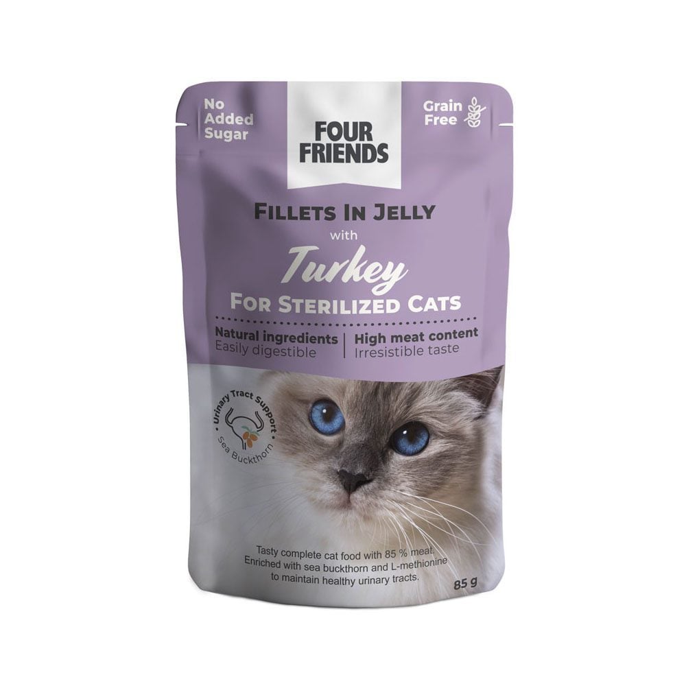 ffc-sterilized-turkey-in-jelly-pouch Four Friends Sterilized Turkey konservid steriliseeritud kassidele kalkuniliha želees, 85 g - Pilt 1