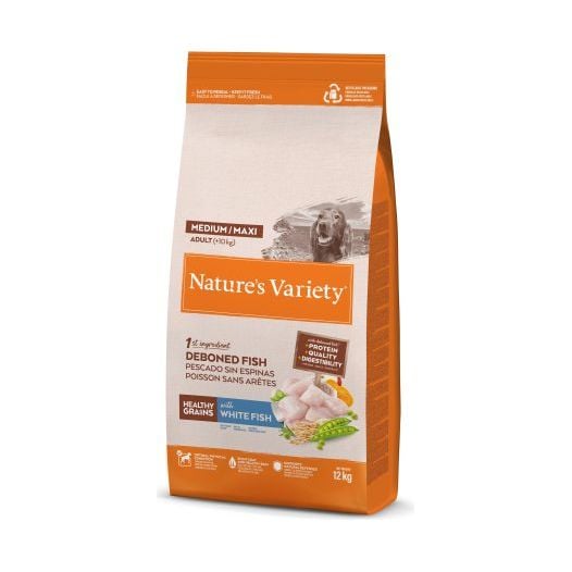 elv_3622_1 Nature's Variety Dog Healthy Grain Adult Med/Maxi Valge kala täisväärtuslik kuivtoit täiskasvanud keskmistele ja suurtele tõugudele tervislike teraviljade ja valge kalaga, 12 kg - Pilt 1